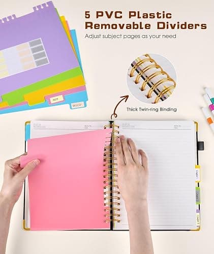 Hardcover Spiral Notebook journal with Removable Dividers Tabs, 300 Pages Leather 5 Subject Notebook College Ruled, 8"x10" Large B5 Notebooks for Work School Note taking, Lined Journal for Women,Black thumbnail 5