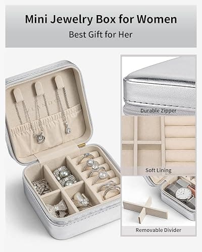Vlando Small Travel Jewelry Box Organizer - Girls Women Gift Rings Earrings Necklaces Jewelry Storage Display Case - Silver thumbnail 4