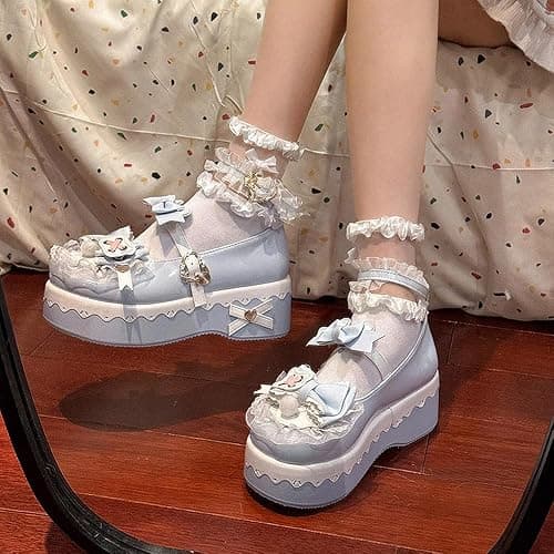 FQLGJMY Damen Lolita Mary Jane Schuhe Gothic Runde Zehenpartie Klobiger Plateauabsatz Spitze Bunt Punkrock Süß Kawaii Mit JK Bubble Princess-Kleid Denim-Lederrock Jeans thumbnail 3