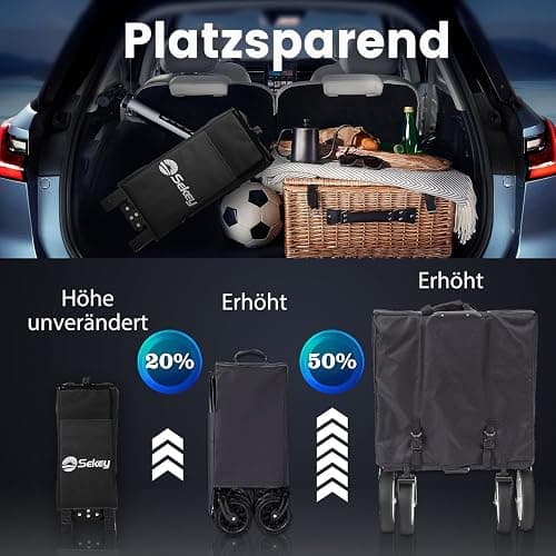 Sekey 220L Collapsible Foldable Wagon with 330lbs Weight Capacity, Heavy Duty Folding Wagon Cart with Big All-Terrain Wheels & Drink Holders (Black) - Black thumbnail 6