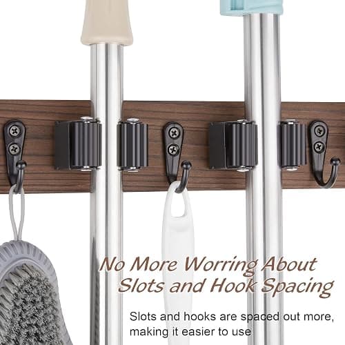 OUTNILI Mop and Broom Holder Wall Mount - Rustic Wood Broom Mop Hanger - Wall Mounted Garden Tool Rack Organizer for Closet Garage Laundry Room Kitchen Decor With 4 Slots & 4 Hooks thumbnail 6