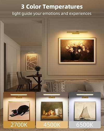 EZVALO Picture Light for Wall, 4800mAh Rechargeable Wireless Remote Lights, 16'' Dimmable Magnetic LED Art Painting Light with 3 Color Temps, Display for Gallery, Living Room, Bedroom, Hallway (Gold) thumbnail 6