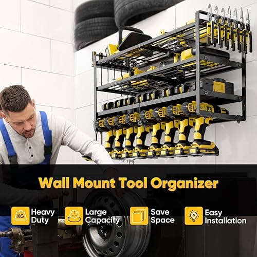 POKIPO Large Power Tool Organizer Wall Mount,4 Layers Heavy Duty Metal Loads 400lbs,Power Tool Shelf Battery Storage with 8 Cordless Drill Holder,Utility Racks for Garage Workshop thumbnail 3