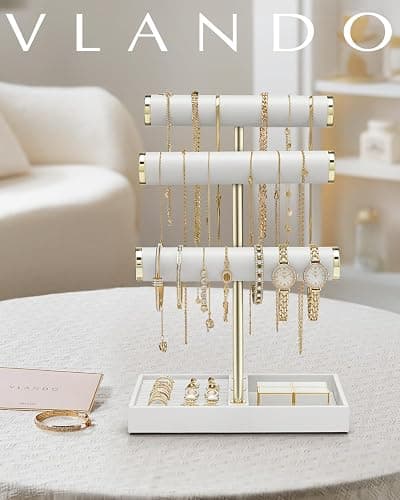 VLANDO 3 Tier Bracelet Holder Organizer with Tray - Leather Jewelry Stand Organizer for Women - Jewelry Holder Display for Necklace, Watches, Rings, Earrings, Bangle, Scrunchie - White thumbnail 3