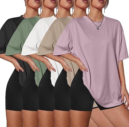 Kinglaman 5 Pack Womens Oversized T Shirts Crew Neck Loose Fit Short Sleeve Tshirts Summer Workout Plus Size Tee Tops - Image 1