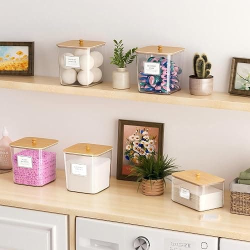 4+1 Pack Laundry Room Organization Containers,Clear Laundry Pods Container,Large Laundry Detergent Powder Storage Containers with Wooden Lids & Labels,Laundry Pods Holder for Scent Booster,Powder,Pods thumbnail 5