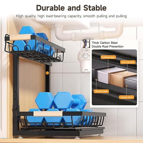 Sevenblue 2 Packs Under Sink Organizer, Height Adjustable 2 Tier Under Kitchen Sink Organizer, Multi-Purpose Storage Shelf for Kitchen Bathroom Cabinet (Black, Large) thumbnail 5