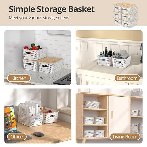 ZFTMRR Plastic Storage Bins with Bamboo Lids, Stackable Small Box Baskets for Organizing and Containers for Shelves Drawers Desktop Closet Pantry Classroom Office Home, 6 Pack 10.2x7.2x4.1 Inch, White thumbnail 5