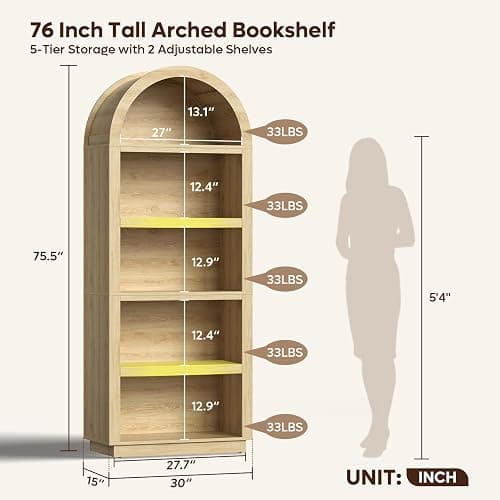 Bestier 76" Tall Arched Bookcase, 5 Tier Arched Bookshelf with Adjustable Book Shelf, Large Wood Bookshelf, Modern Farmhouse Open Display Book Case for Bedroom, Home Office,Living Room, Natural Oak thumbnail 2