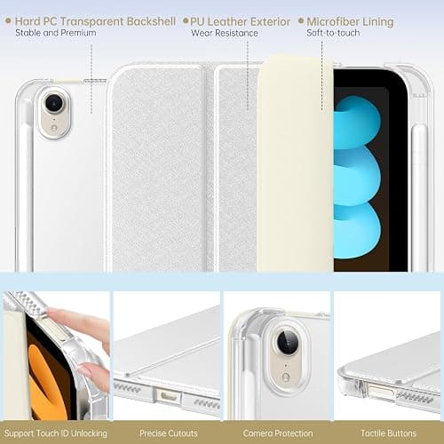 MoKo for iPad mini 7 A17 Pro Case 2024, iPad mini 6th Generation Case 8.3 Inch 2021 with Pencil Holder, Slim Light Trifold Smart Protective Cover with Hard PC Translucent Back Shell, White thumbnail 3
