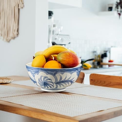 Maxdot Blue and White Bowl 10 x 5 Inch Large Hand Painted Stoneware Decorative Vase Bowl with Floral Chinoiserie Ceramic Design for Kitchen Centerpiece Creative Home Decor thumbnail 5