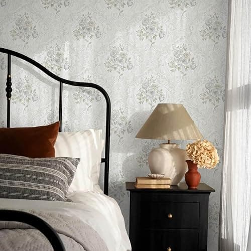 Ismoon Floral Peel and Stick Wallpaper Vintage White and Grey Contact Paper Boho Watercolor Damask Wallpaper Textured Removable Self Adhesive Vinyl Wall Paper for Bedroom, 17.3 in X 6.5 ft thumbnail 7