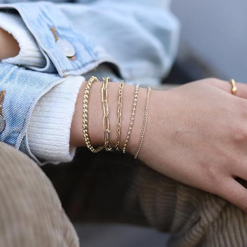 CYWQ 14K Gold Chain Bracelet Sets for Women Girls Dainty Gold Paperclip Link Bead Bracelet Layered Metal Link Bracelet Fashion Jewelry thumbnail 3