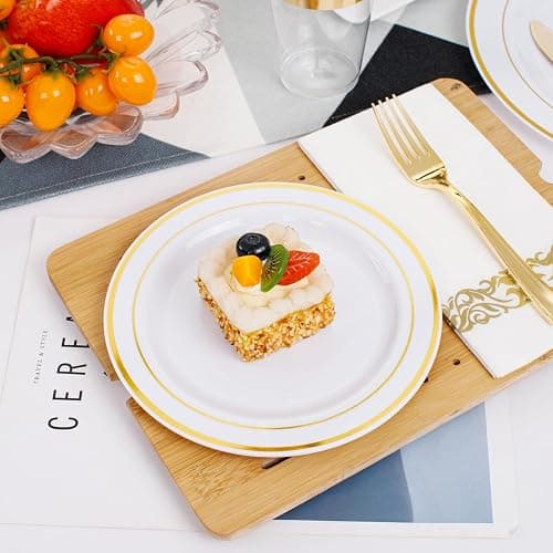 350 Pieces White and Gold Plastic Plates - 50 Guest Dinnerware Set Include 100 Plates, 50 Gold Plastic Silverware, 50 Paper Napkins and 50 Cups for Party Wedding Valentine's Day thumbnail 6