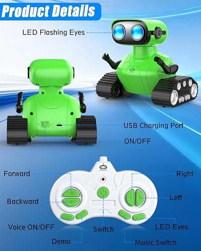 AisayGoo RC Robot Toy for Kids,Remote Control Robot with LED Eyes,Auto-Demo,Smart Voice,Singing and Dancing,Rechargeable Toys for Boys Girls,Ideal Birthday for Children Age 3+ Years Old (Green) thumbnail 8