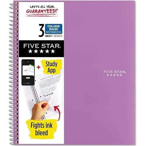 Five Star Spiral Notebook + Study App, 3 Subject, College Ruled Paper, 8-1/2" x 11", 150 Sheets, Fights Ink Bleed, Water Resistant Cover, Amethyst Purple (38746) - Image 1