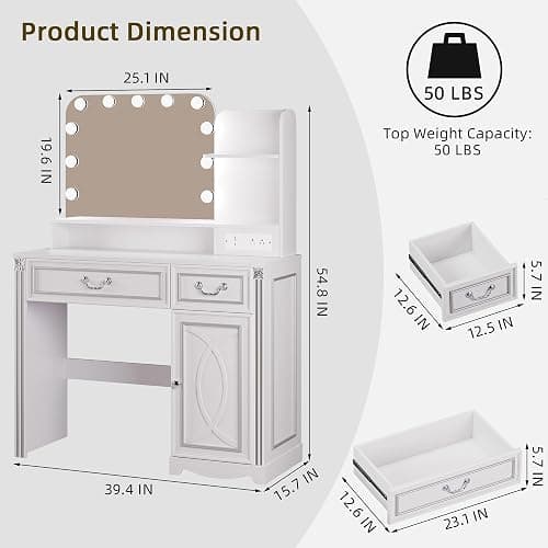 ⭐️Ylued Vanity Desk with Mirror and Lights Power Outlet, 39 inch Makeup Vanity with Charging Station, Mid-Century Modern Dressing Table with 2 Drawers for Bedroom, White thumbnail 2