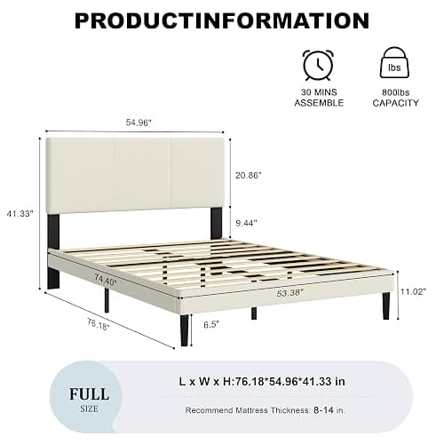IOILORI Full Bed Frame, Full Size Platform Bed Frame with Upholstered Headboard, Sturdy Wood Slats, No Box Spring Required, Silent, Easy Assembly, Beige thumbnail 2