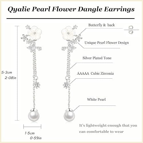 Dangle Pearl Drop Earrings For Women Trendy Long Threader Chain Dainty Flower Wedding Earrings For Brides CZ Cute 14K Gold Statement Sparkly Jewelry thumbnail 2