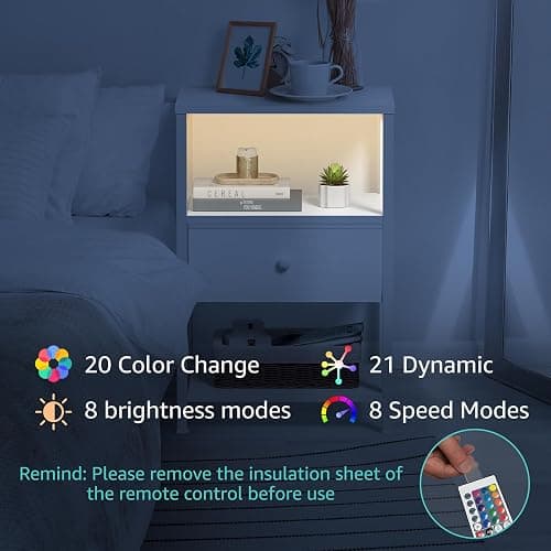 BOLUO White Nightstand with Charging Station, LED Night Stand with Fabric Drawers and Shelf, Bedside Table with USB Ports and Outlets, Bedroom Nightstand Modern thumbnail 8