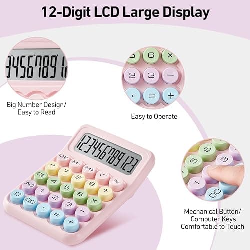 Electronic Calculator,12 Digits Large LCD Display Small Desktop Calculators,Pink Basic with Big Buttons,Easy to Press Mechanical Switch Calculator,4 Function Office Supplies for Home and School (Pink) thumbnail 3