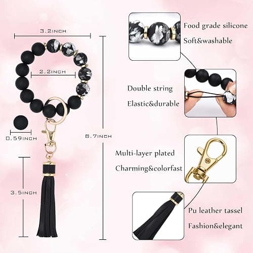 BAOSIWA Silicone Beaded Bracelet Keychain Wristlet Key Ring Bangle Chains for Women with Leather Tassel thumbnail 2