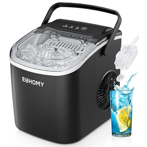 EUHOMY Countertop Ice Maker Machine with Handle, 26.4lbs Per Day, 9 Ice Cubes Ready in 6 Mins, Auto-Cleaning Portable Ice Maker with Basket and Scoop, for Home/Kitchen/Camping/RV (Black) - Image 1