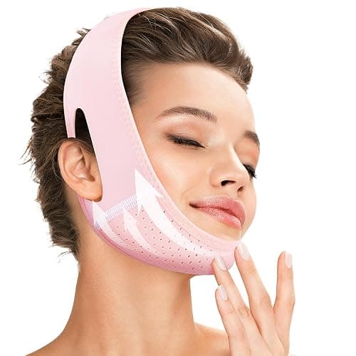 Juskaa Reusable V Line Lifting Mask with Chin Strap for Sleeping,Face Lift Prevent Sagging, Jaw Exerciser,Light pink,M - Image 1