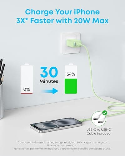 Anker iPhone Charger, 2-Pack 20W Fast USB C Charger Block, Type C Charger Fast Charging for iPhone 17/17 Pro Max/16 Series/iPad Pro and More (Green, 2 Pack & 2 Cable) thumbnail 4