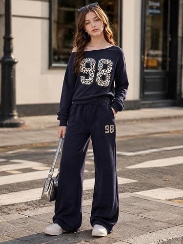 Kxuryueo Tween Girls Clothes Off The Shoulder Sweatshirt and Wide Leg Sweatpants Sweatsuit Size 7-14 thumbnail 2