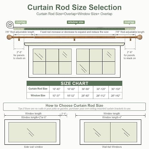 QDWIS Wood Curtain Rods for Windows 48 to 84 Inch,1'' Diameter Drapery Rods with Imitation Wood Grain Leaf Pattern Finials,Boho Adjustable Heavy Duty Curtain Rods Set,36-88'',Color:Natural Wood thumbnail 7
