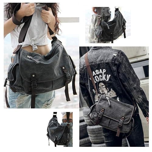 [Upgraded] Vintage Canvas Messenger Bag 13 15.6 17 inches Large Book Laptop Shoulder Bag Women Men New (Black, X-Large) thumbnail 2