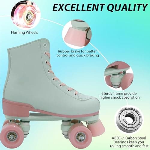 YYW Roller Skates for Women Girls Black Pink Roller Derby Skates Light Up Adult Double Row PU Leather Skates for Youth Adult Beginner Outdoor thumbnail 3