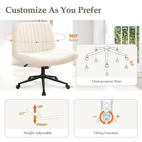 Orange Factory Criss Cross Chair Wheels Wide Cross Legged Office Desk Vanity Dual Base Comfy Fabric Armless Adjustable Swivel for Home Computer Task (Beige) thumbnail 5