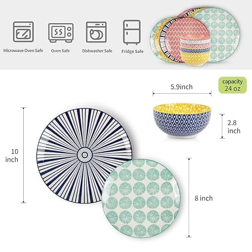Selamica Ceramic Dinnerware Sets, 12-Pieces Plates and Bowls Sets, Scratch Resistant Dishes set for 4, Dishwasher & Microwave Safe, Assorted Colors thumbnail 3