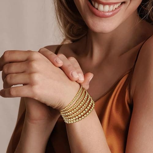 adoyi Gold Bracelets for Women Waterproof, 14K Gold Plated Beaded Strand Bead Ball Bracelets stack Adjustable Jewelry Set for Gifts thumbnail 2