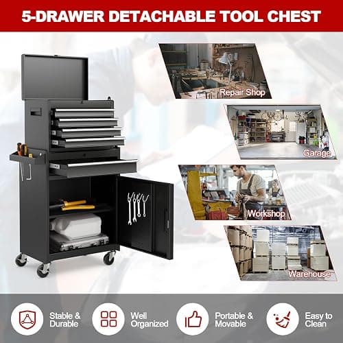 Goplus Tool Chest, 5 Drawers Rolling Tool Cabinet with Detachable Top Toolbox, Universal Lockable Wheels, Lock Bar, Protective Liner & Tool Rack, Metal Tool Storage Cart, Tool Box for Garage Workshop thumbnail 8