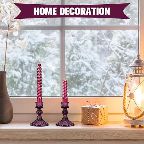 Glass Candle Holder, 2PCS Decorative Candle Sticks Pillar Candle Stand for Formal Events Wedding Party Table Centerpieces Home Decoration, Dark Purple thumbnail 2