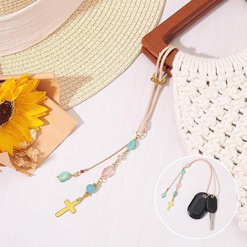 DELORIGIN Cross Hanging Car Mirror Ornament Amazonite and Crystal Bead Charm Suncatcher Car Mirror Pendant Accessories Good Luck Keychain for Bag Window Cars Door Garden Balcony Home Decoration thumbnail 2
