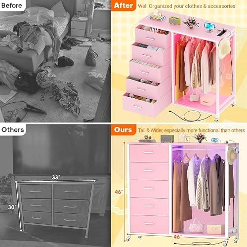 iSunirm 2 in 1 Chest of Drawers, Dresser for Bedroom,5 Fabric Drawers Dresser with LED Lights & Charging Station,Open Wardrobe with Clothes Rack,Pink thumbnail 5