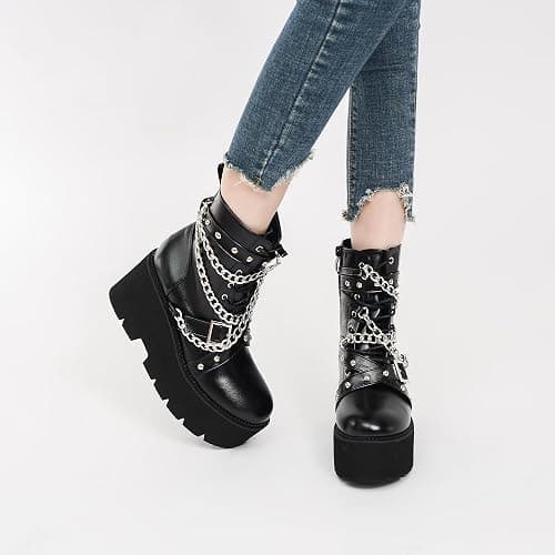 QPAO Women's Fashion Goth Boots,Black Chunky Platform Combat Ankle Booties Zipper Punk Boots Mid Calf Boots for Women thumbnail 6