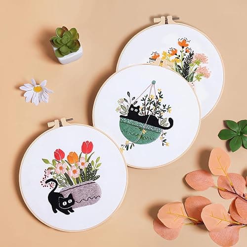 RidaaFri Embroidery Kit for Beginners, Set of 3 Stamped DIY Kits with Cat, Floral, Plant Patterns for Adults, Includes Hoop, Needles, Floss, Step-by-Step Video Tutorial, Complete Sewing Craft Supplies thumbnail 9