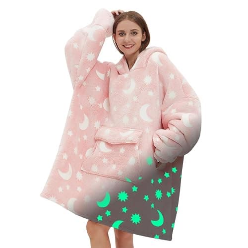 Fiosnow Glow in the Dark Star and Moon Blanket Hoodies for Women and Men Adult Fleece Sherpa Oversize Wearable Blanket Hoodies for Soft and Warm - Image 1