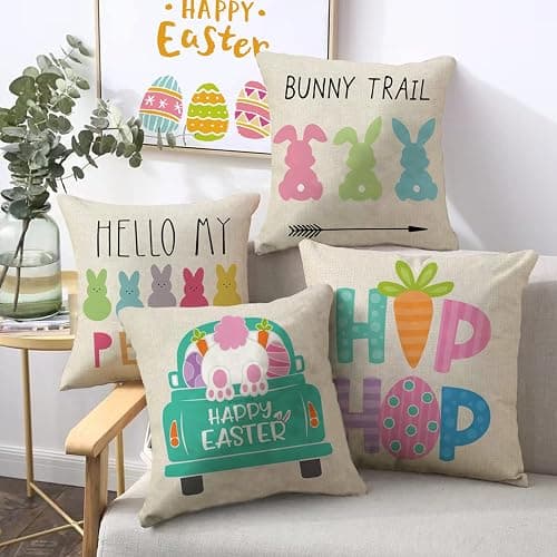 Easter Pillow Covers 18x18 Inch Set of 4PCS Easter Decorations Bunny Truck Hello Peeps Hip Hop Spring Farmhouse Throw Pillows Cover for Home Decor Easter Decorative thumbnail 2