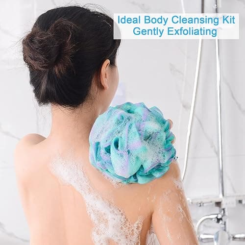 AmazerBath Loofah Sponge 75g/Piece, Exfoliating Bath Sponge Body Scrubber - Loofa Set of 4 Flower Color (Large, Green-Purple) thumbnail 3