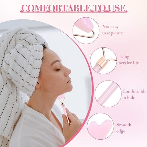 VEGCOO Rose Quartz Face Roller Gua Sha Set, Pink Jade Roller for Women, Gua Sha Stone Massage Tool for Skincare, Facial, Neck and Body Muscle Relaxing thumbnail 4