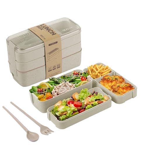 Bento Box for Adults, 3-In-1 Meal Prep Container, 900ML Japanese Lunch Box with Compartment, Wheat Straw, Leak-proof, Spoon & Fork, BPA-free (Beige) - Beige - Image 1