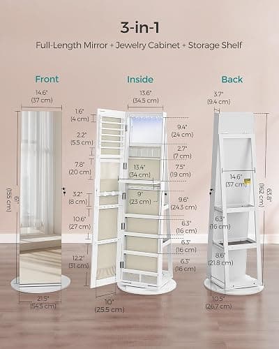 SONGMICS 6 LEDs Lockable Mirror Jewelry Cabinet, 360° Swivel Jewelry Organizer Armoire Standing, Frameless Full-Length Mirror, 3 Storage Shelves, White Surface, Greige Lining UJJC007W02V1 thumbnail 5