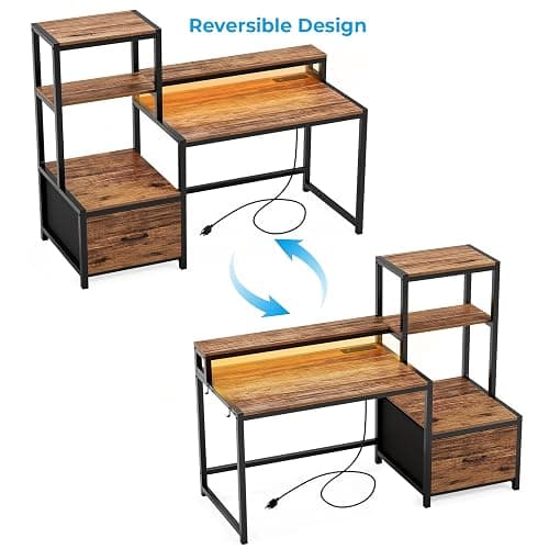 GreenForest Computer Desk with Drawers and Monitor Stand, Home Office Desk with Storage Shelves, Small Gaming Desk with Power Outlets and LED Lights for Study Writing Working, 51 inch Walnut thumbnail 7