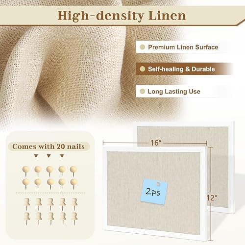 AMUSIGHT 2-Pack Double-Sided Cork Board with Linen, 16" x 12" Hanging Wood Framed Bulletin Board, Picture Display Vision Board Kit Corkboards for Wall School Office Decor, 20 Pushpins (Vintage White) thumbnail 5